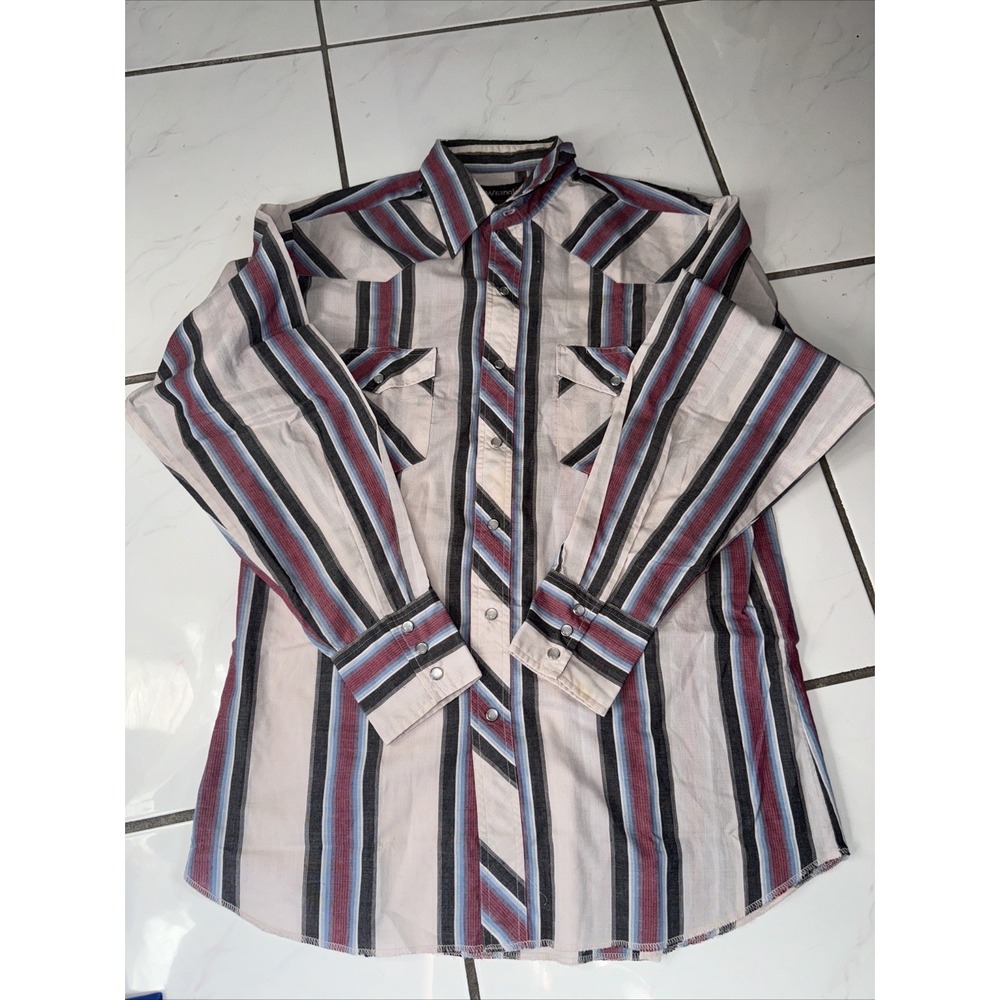 VINTAGE Wrangler Men Button Up Shirt M Striped Brushpopper Pearl Snap 90s